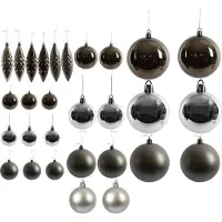 Discountershop Kerstballen met 50 Kerstbalhaakjes 4-5-6cm 31-delig |Zilver/donker grijs mat grijs |kunststof kerstbal