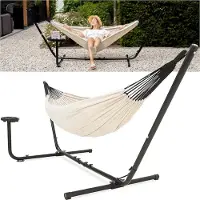 Vita5 Hangmat met Standaard – 2 Persoons – Incl. Bekerhouder – 205kg Draaggewicht – Beige/Wit