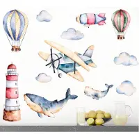 Tofok Muursticker - vuurtoren - walvis - luchtballon - vliegtuig - blauw - kinderkamer - woonkamer - jongens & meisjes