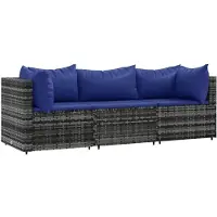 vidaXL 3-delige Loungeset met kussens poly rattan grijs
