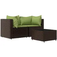 vidaXL 3-delige Loungeset met kussens poly rattan bruin