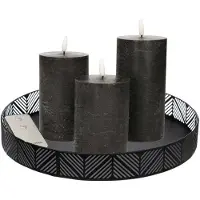 Anna's Collection LED kaarsen - 3x st - zwart - met zwart rond dienblad 29,5 cm - LED kaarsen