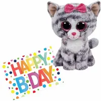 Merkloos Pluche knuffel kat/poes Ty Beanie Kiki 15 cm met A5-size Happy Birthday wenskaart - Knuffeldier