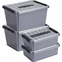 Sunware Opberg boxen set 4x stuks 12 en 22 liter kunststof grijs met deksel - Opbergbox