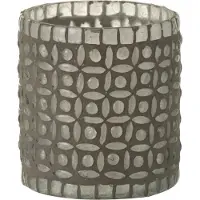 J-Line Windlicht / theelichthouder / waxinelichtjeshouder met bolletjes en strepen - Grijs / transparant - 8.5 x 8.5 x 9 cm hoog.