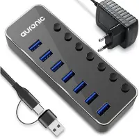 Auronic USB Hub 3.0 - USB Splitter met 7 Poorten - met Voeding - 5 GBPs - Led Indicatie - Zwart