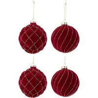 J-Line kerstbal Lijnen/Geruit - fluweel - rood/goud - doos van 4