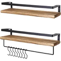 LifeGoods Zwevende Wandplank - 2 Stuks - 41cm - Handdoekhouder en 8 Haakjes - Industrieel - Hout - Bruin/Zwart