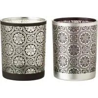 J-Line Set van 2Theelichthouders / Waxinelichtjeshouder / Windlicht - Zwart / Zilver / Grijs - 10 x 10 x 12 cm hoog (per stuk).