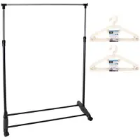 Gerimport Mobiel kledingrek enkele stang 90-160 cm incl. 20 witte kledinghangers - Kledingrekken