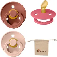 BIBS Dental fopspenen Anatomical 6-18 maanden- Set 3 stuks- Woodchuck, Blush, Coral- + Monkiezz speenzakje - orthodontisch- Anatomisch- Maat 2
