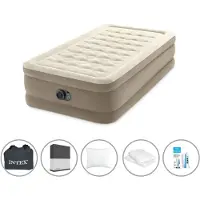 Intex luchtbed - 1 persoon - 99 x 191 x 46 cm - Beige - Met ingebouwde pomp + spannenlaken zwart + hoofdkussen + molton 2-in-1 kussenhoezen + reparatieset