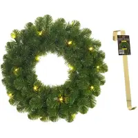 Mica Decorations Groene verlichte kerstkransen/deurkransen met 30 LEDS 60 cm en met gouden hanger - Kerstkransen