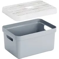 Sunware Opbergbox/mand - blauwgrijs - 13 liter - met deksel hout kleur - Opbergbox