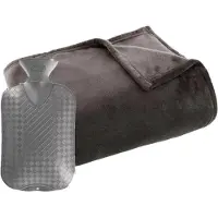 Atmosphera Fleece deken/plaid Donkergrijs 125 x 150 cm en een warmwater kruik 2 liter - Plaids