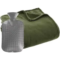Atmosphera Fleece deken/plaid Olijf Groen 130 x 180 cm en een warmwater kruik 2 liter - Plaids