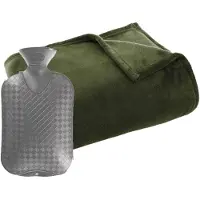 Atmosphera Fleece deken/plaid Olijf groen 125 x 150 cm en een warmwater kruik 2 liter - Plaids