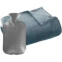 Atmosphera Fleece deken/plaid Grijsblauw 130 x 180 cm en een warmwater kruik 2 liter - Plaids