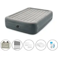 Intex luchtbed - 2 personen - 152 x 203 x 46 cm - Grijs - Met ingebouwde pomp + spannende laken antraciet + hoofdkussen + molton 2-in-1 kussenslopen + reparatieset
