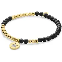 CO88 Collection 8CB-91272 Kralen Armband Staal en Onyx met Hangertje - Ster - 10mm Doorsnee - 4 en 3,5mm - Rekbaar - 17,8cm - Goudkleurig;Zwart