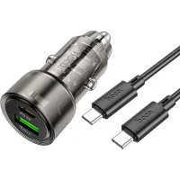 Hoco 38W Autolader + Kabel - USB-C Snellader met USB-C & USB-A Poorten - Inclusief 1M Type-C Kabel - PD20W & QC3.0 - Zwart