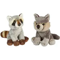 Ravensden Bosdieren zachte pluche knuffels 2x stuks - Wasbeer en Wolf van 15 cm - Knuffeldier