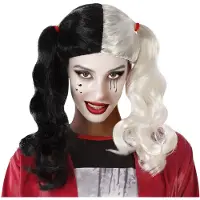 Bigbuy Halloween verkleedpruik lang haar met staartjes - zwart/wit - dames