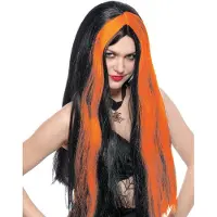 Espa Heksenpruik zwart lang haar met oranje highlights