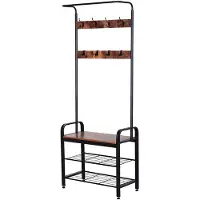 HOMCOM Kapstok met 8 haken schoenenbank kledingstandaard 2 aflegvlakken MDF zwart 837-025