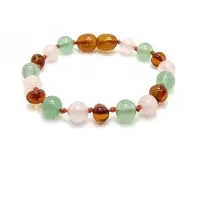 ForDig Wild Sun Barnsteen Armband Kind - Amber Enkelbandje - Baltische Barnsteen – 16,5 cm - Cognac / Aventurijn / Rozenkwarts