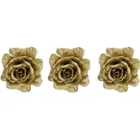Cosy & Trendy 6x stuks decoratie bloemen roos goud glitter op clip 10 cm - Kunstbloemen