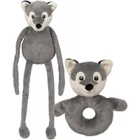 Nature Planet Pluche dieren setje wolf knuffel rammelaar 15 cm en fluffy knuffeldier 33 cm - Knuffeldier