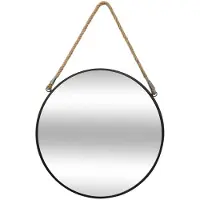 Atmosphera Spiegel/wandspiegel - rond - Dia 55 cm - metaal/glas - zwart - met jute ophangtouw