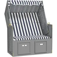 vidaXL Strandstoel met luifel poly rattan en massief hout blauw en wit