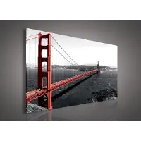Canvas Schilderij - Stad - Golden Gate - Brug - Water - Urban - Rood - Schilderij Woonkamer - Schilderijen op - Inclusief Frame - 100x75cm LxB