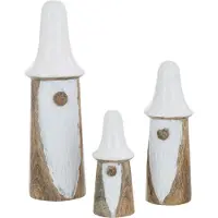 J-Line figuur Kabouter Paddenstoel - hout - naturel/wit - 3 stuks