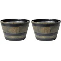Mega Collections Plantenpot/bloempot - 2x - kunststof - bruin - houtmotief - D44 x H26 cm