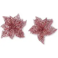 Merkloos 2x stuks decoratie kerststerren bloemen roze glitter op clip 18 cm - Kersthangers