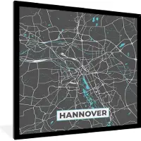 PosterMonkey Fotolijst incl. Poster - Blauw – Duitsland – Plattegrond – Stadskaart – Kaart – Hannover - 40x40 cm - Posterlijst