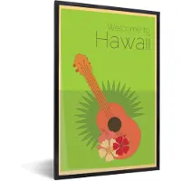 PosterMonkey Fotolijst incl. Poster - 'Welcome to Hawaii' op een groene achtergrond met een gitaar - 20x30 cm - Posterlijst