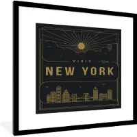 PosterMonkey Fotolijst incl. Poster - New York - Skyline - Zwart - Vliegtuig - 40x40 cm - Posterlijst