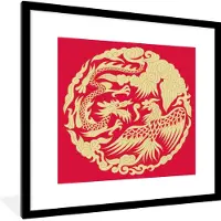 PosterMonkey Fotolijst incl. Poster - Traditionele Chinese illustratie van een draak en een feniks - 40x40 cm - Posterlijst