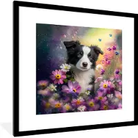 PosterMonkey Fotolijst incl. Poster - Hond - Bloemen - Natuur - Puppy - Bordercollie - 40x40 cm - Posterlijst