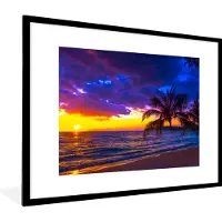 PosterMonkey Fotolijst incl. Poster - Palmboom - Paars - Zonsondergang - Strand - Zee - 80x60 cm - Posterlijst
