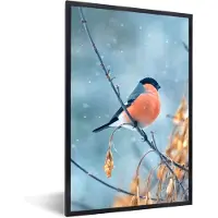 PosterMonkey Fotolijst incl. Poster - Roodborstje - Vogel - Sneeuw - Herfstbladeren - 80x120 cm - Posterlijst