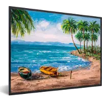 PosterMonkey Fotolijst incl. Poster - Schilderij - Olieverf - Strand - Palmboom - Boot - 40x30 cm - Posterlijst