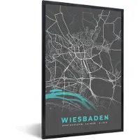 PosterMonkey Fotolijst incl. Poster - Stadskaart – Plattegrond – Duitsland – Blauw – Wiesbaden – Kaart - 60x90 cm - Posterlijst