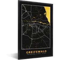 PosterMonkey Fotolijst incl. Poster - Black and Gold – Stadskaart – Greifswald – Duitsland – Plattegrond – Kaart - 60x90 cm - Posterlijst