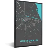 PosterMonkey Fotolijst incl. Poster - Stadskaart – Kaart – Greifswald – Blauw – Duitsland – Plattegrond - 60x90 cm - Posterlijst