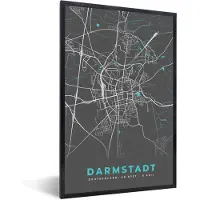PosterMonkey Fotolijst incl. Poster - Darmstadt – Stadskaart – Blauw – Plattegrond – Stadskaart – Kaart - Duitsland - 60x90 cm - Posterlijst